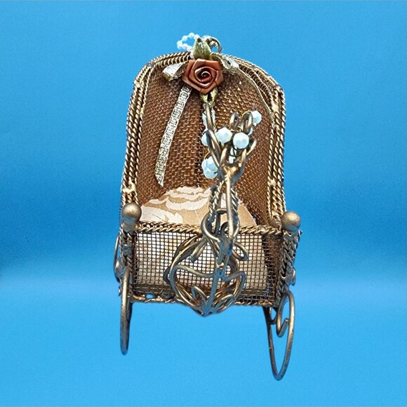 Victorian Reindeer Sleigh Ornament Gold Wire Lace Beaded Christmas Decor - Picture 6 of 11